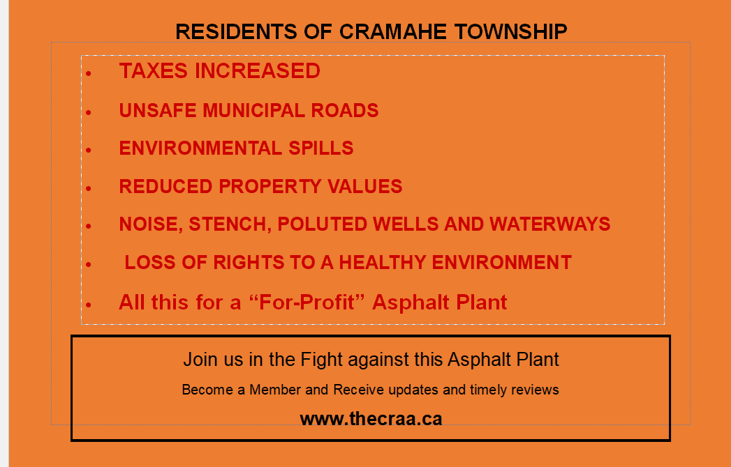Warning sign about township issues including noise, water contamination, and property value loss.