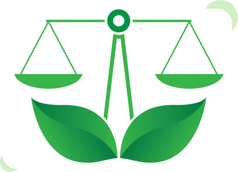 Green scales of justice with leaves symbolizing eco-friendly law.