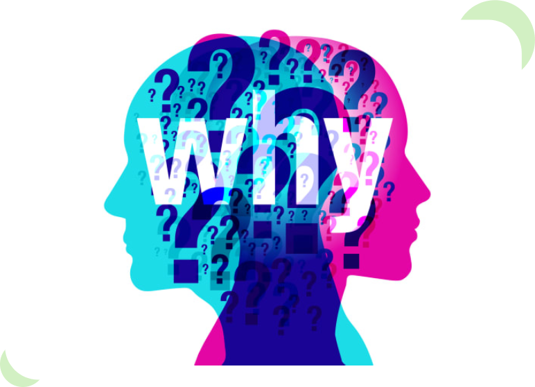 Overlapping silhouettes filled with question marks and the word 'why'.